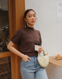 【Ling Cheng Design】Mock Neck Short Sleeve Fitted Ribbed Knit Top