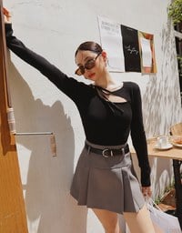 【Ling Cheng Design】Asymmetric Front Tie Knit Long Sleeve Top