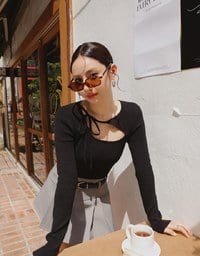 【Ling Cheng Design】Asymmetric Front Tie Knit Long Sleeve Top