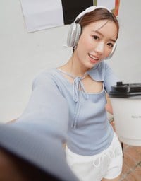 【Ling Cheng Design】Asymmetric Front Tie Knit Long Sleeve Top