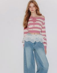 Lace Up Neckline Striped Knit Cropped Long Sleeve Crop Sweater
