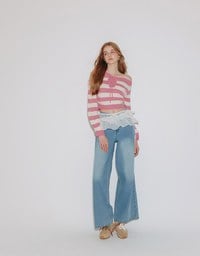 Lace Up Neckline Striped Knit Cropped Long Sleeve Crop Sweater