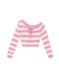 Lace Up Neckline Striped Knit Cropped Long Sleeve Crop Sweater