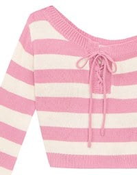 Lace Up Neckline Striped Knit Cropped Long Sleeve Crop Sweater