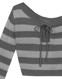 Lace Up Neckline Striped Knit Cropped Long Sleeve Crop Sweater