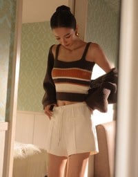 Long Sleeve Knit Cropped Cardigan with Contrast Stripe Cami Top Set Wear