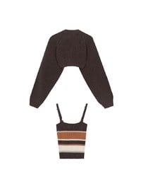 Long Sleeve Knit Cropped Cardigan with Contrast Stripe Cami Top Set Wear