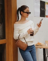 【Ling Cheng Design】Off Shoulder Folded Knit Sweater with Soft Ribbed Texture