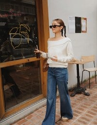 【Ling Cheng Design】Off Shoulder Folded Knit Sweater with Soft Ribbed Texture
