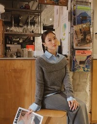 【Ling Cheng Design】Off Shoulder Folded Knit Sweater with Soft Ribbed Texture