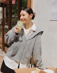 【Ling Cheng Design】Soft Knit Sailor Collar Knit Cardigan with Patch Pockets