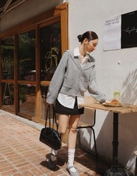【Ling Cheng Design】Soft Knit Sailor Collar Knit Cardigan with Patch Pockets