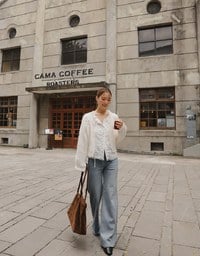 【Ling Cheng Design】Wool Blend V neck Flower Embroidered Button Cardigan
