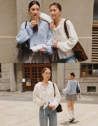 【Ling Cheng Design】Wool Blend V neck Flower Embroidered Button Cardigan