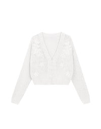 【Ling Cheng Design】Wool Blend V neck Flower Embroidered Button Cardigan