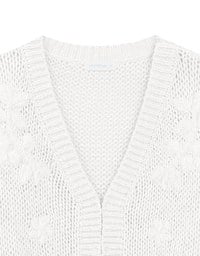 【Ling Cheng Design】Wool Blend V neck Flower Embroidered Button Cardigan