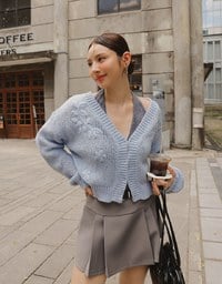 【Ling Cheng Design】Wool Blend V neck Flower Embroidered Button Cardigan