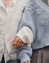 【Ling Cheng Design】Wool Blend V neck Flower Embroidered Button Cardigan