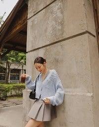 【Ling Cheng Design】Wool Blend V neck Flower Embroidered Button Cardigan