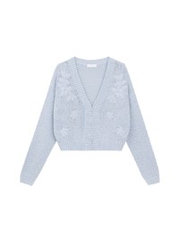 【Ling Cheng Design】Wool Blend V neck Flower Embroidered Button Cardigan
