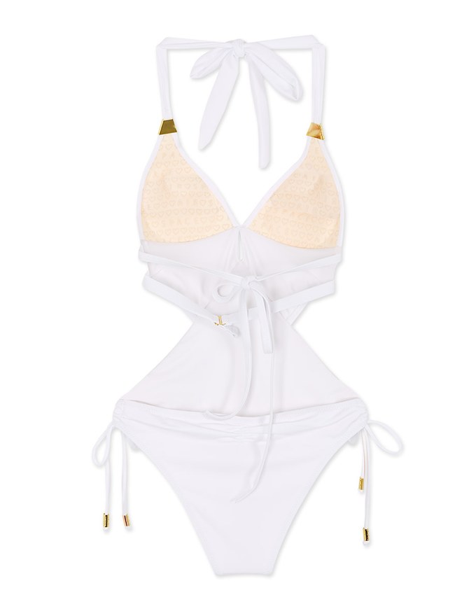 【PUSH UP】Gold Accessories Straps Shirred One-Piece Bikini (Thick Padded)
