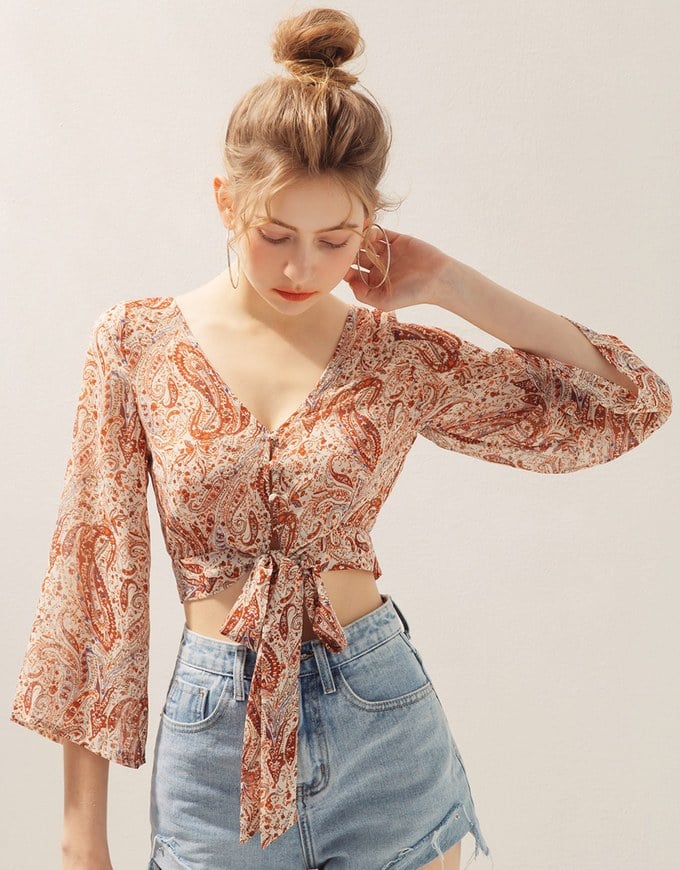 Paisley V-Neck Front Tie Crop Top