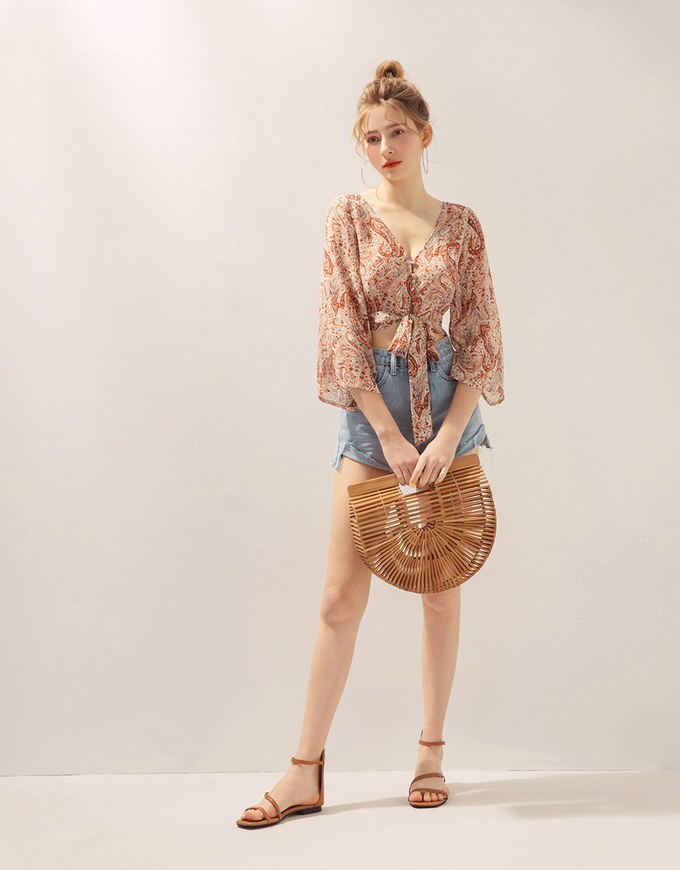 Paisley V-Neck Front Tie Crop Top