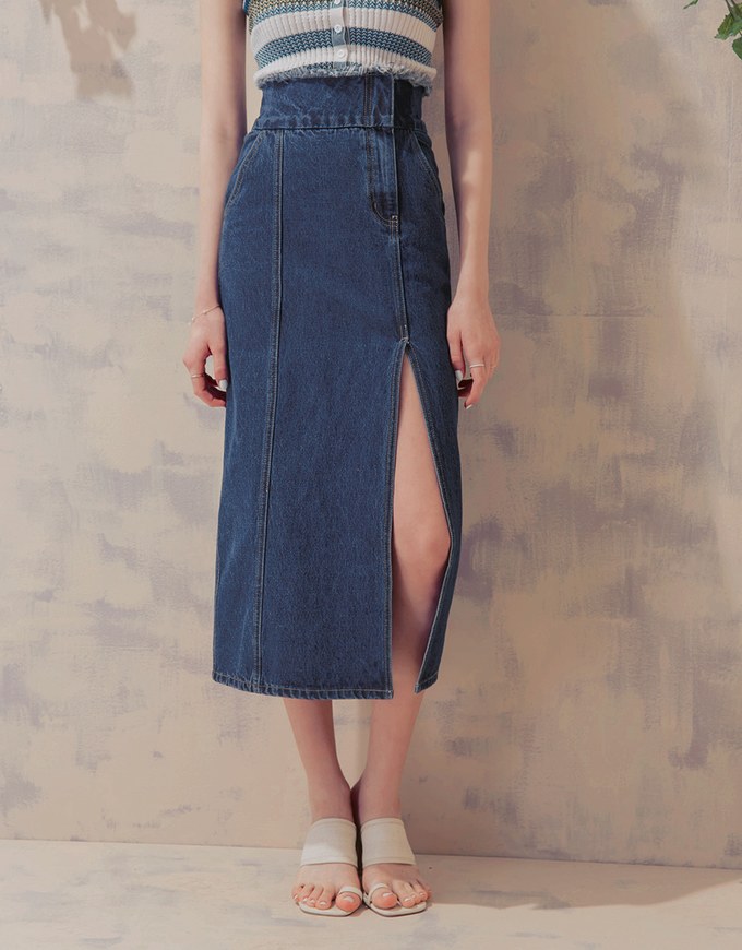 High Waisted Frayed Asymmetrical Slit Denim Jeans Skirt