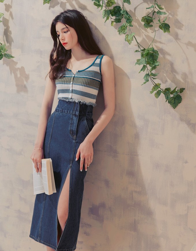 High Waisted Frayed Asymmetrical Slit Denim Jeans Skirt