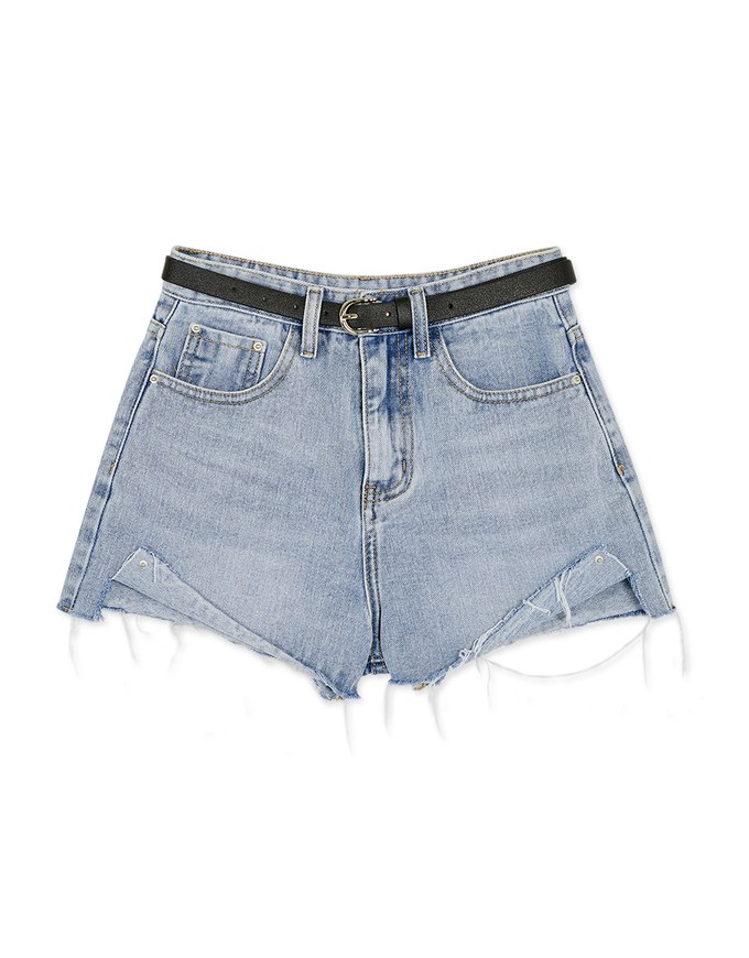 Western Style Frayed Belted Denim Shorts