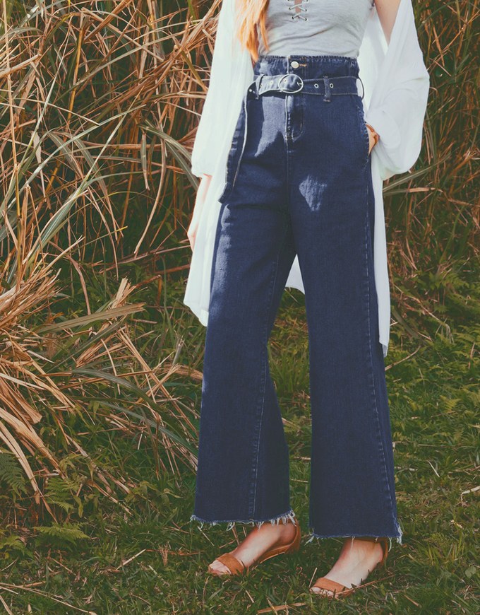 Paperbag High Waisted Belted Wide-Leg Denim Jeans Pants