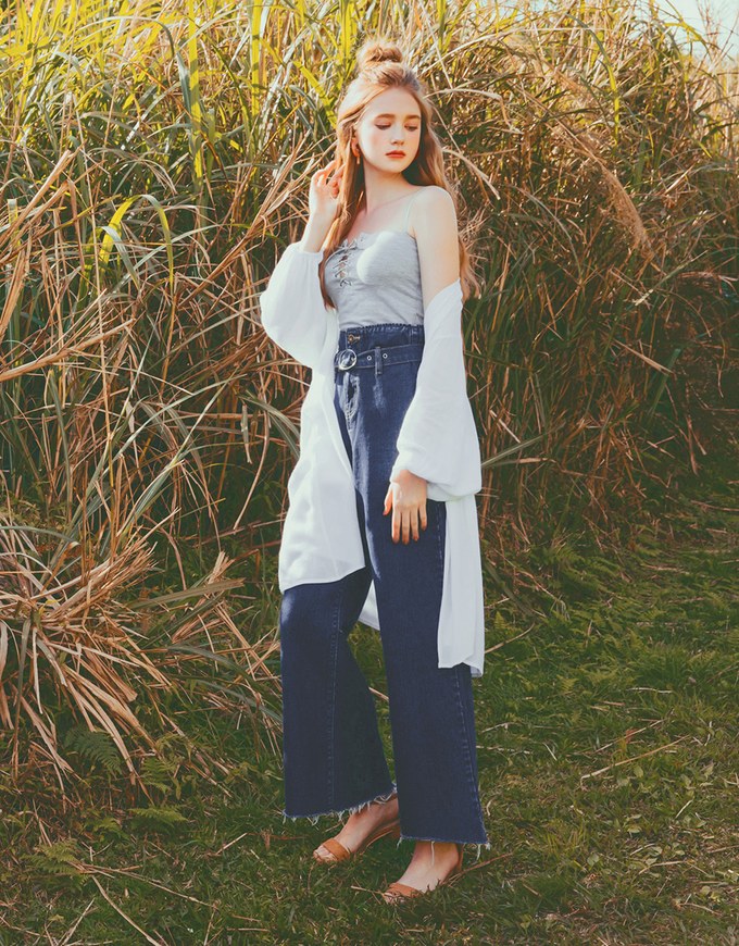 Paperbag High Waisted Belted Wide-Leg Denim Jeans Pants