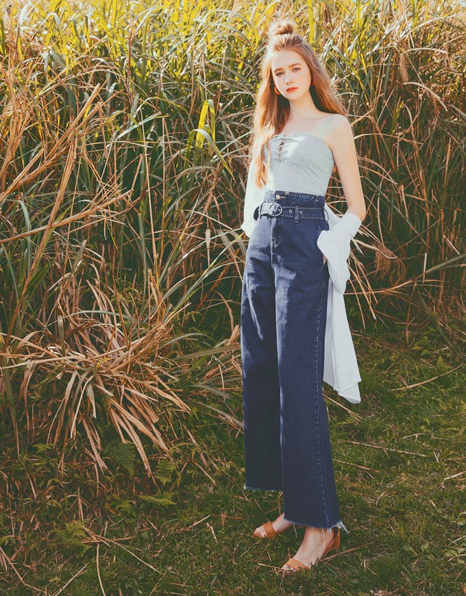 Paperbag High Waisted Belted Wide-Leg Denim Jeans Pants
