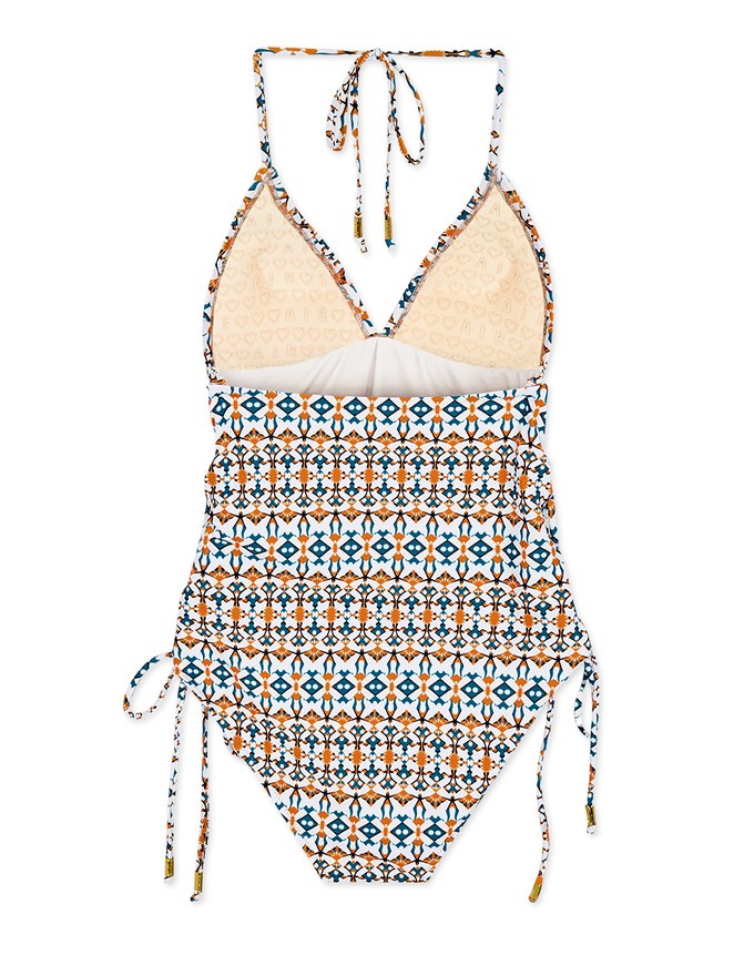 【PUSH UP 】Printed Thin Strap Lace-Up Side One-Piece Swimsuit Push Up Bra Padded