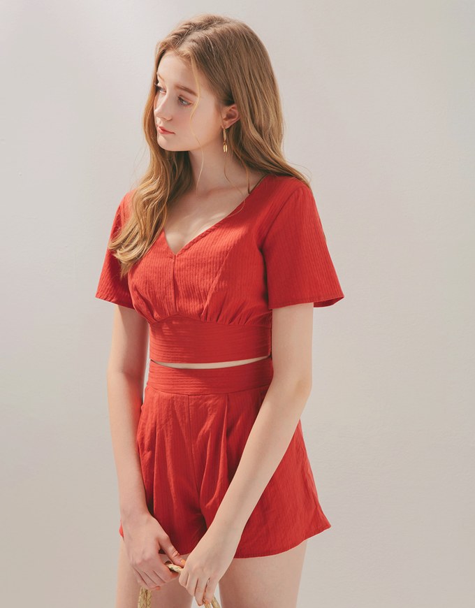 V Neck Back Tie Top & Shorts Set Wear