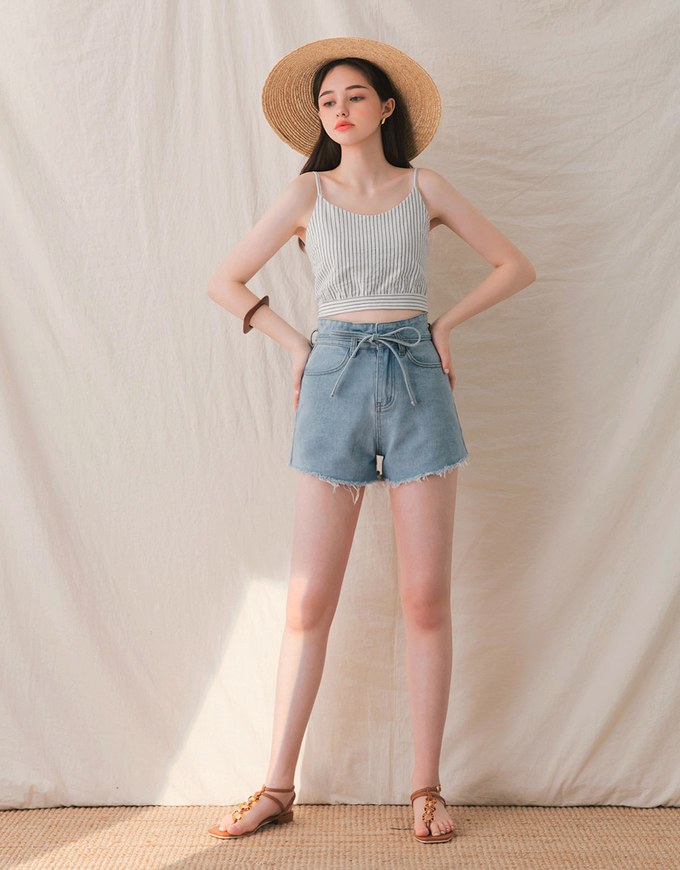 Striped Thin Strap Back Ribbon Crop Top