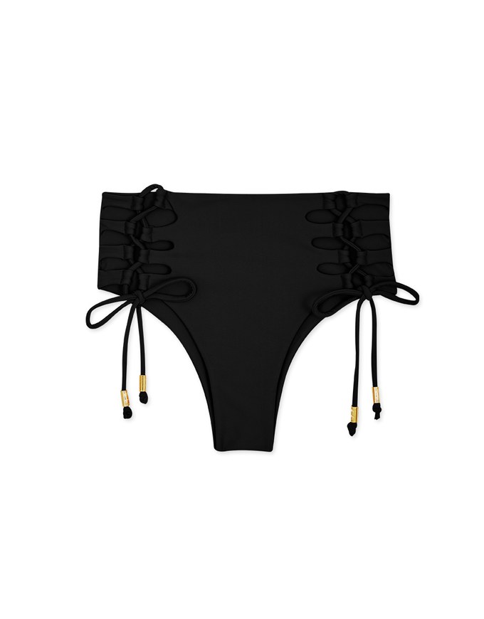 High Waisted Side Lace-Up Shirred Back Bikini Bottom