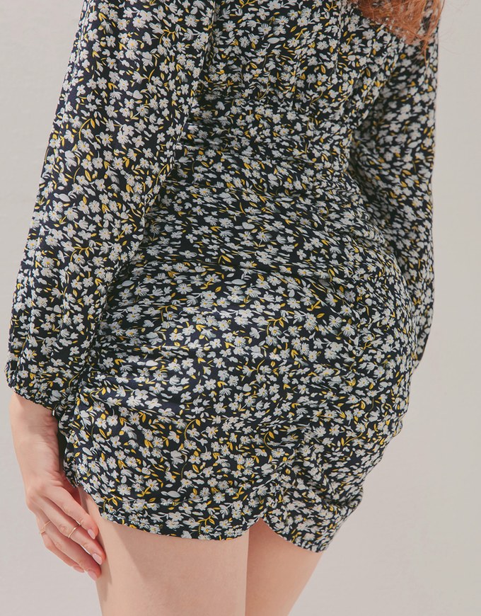 V-Neck Floral Draped Bodycon Mini Dress