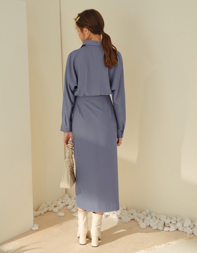 Textured Pleated Slit Shirt Dress