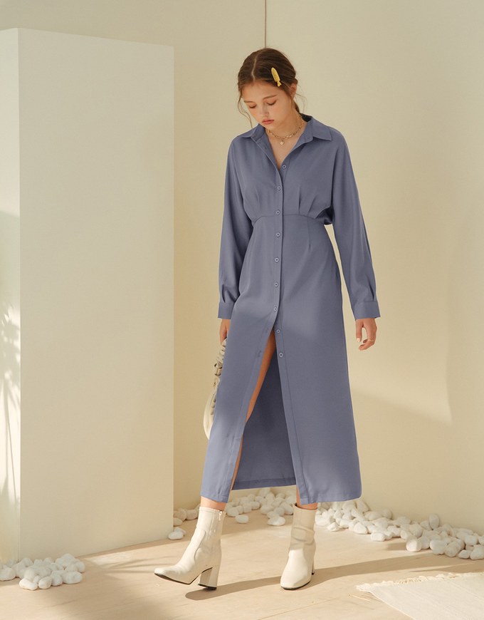 Textured Pleated Slit Shirt Dress