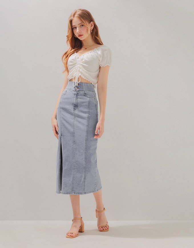 No Filter High Waisted Slimming Slit Denim Jeans Midi Skirt