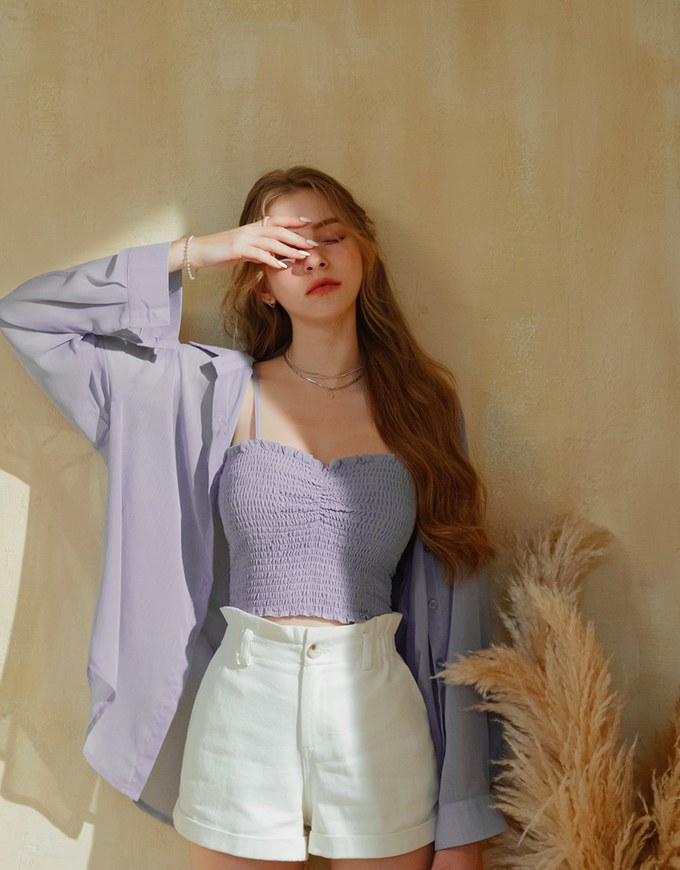 Smocked Cami Top & Semi-Sheer Blouse Shirt Set Wear