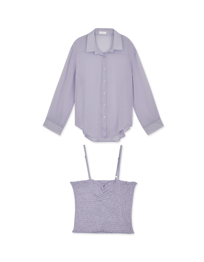 Smocked Cami Top & Semi-Sheer Blouse Shirt Set Wear