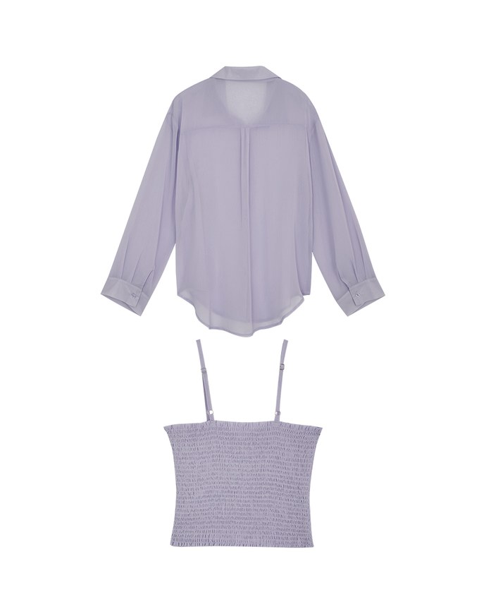 Smocked Cami Top & Semi-Sheer Blouse Shirt Set Wear