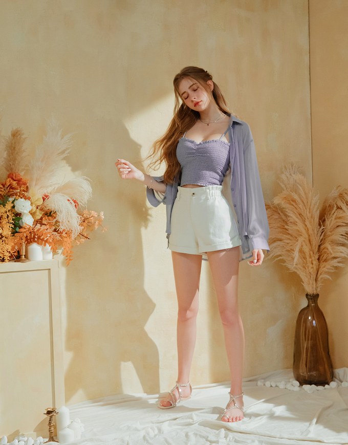 Smocked Cami Top & Semi-Sheer Blouse Shirt Set Wear
