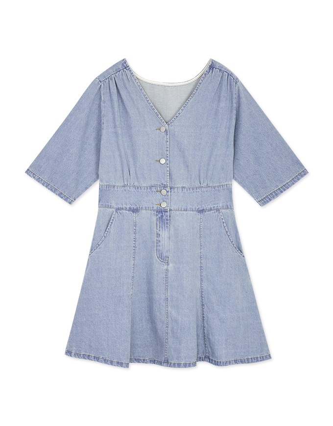 Classic V-Neck Button-Down Denim Jeans Dress