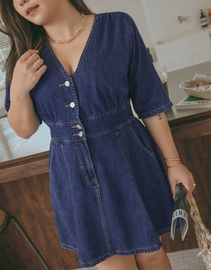 Classic V-Neck Button-Down Denim Jeans Dress