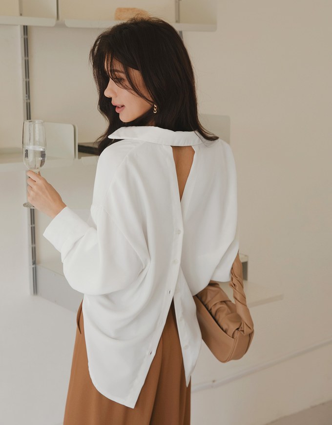 Stylish Hollow Back With Buttons Anti-Wrinkle Iron Free Blouse Shirt