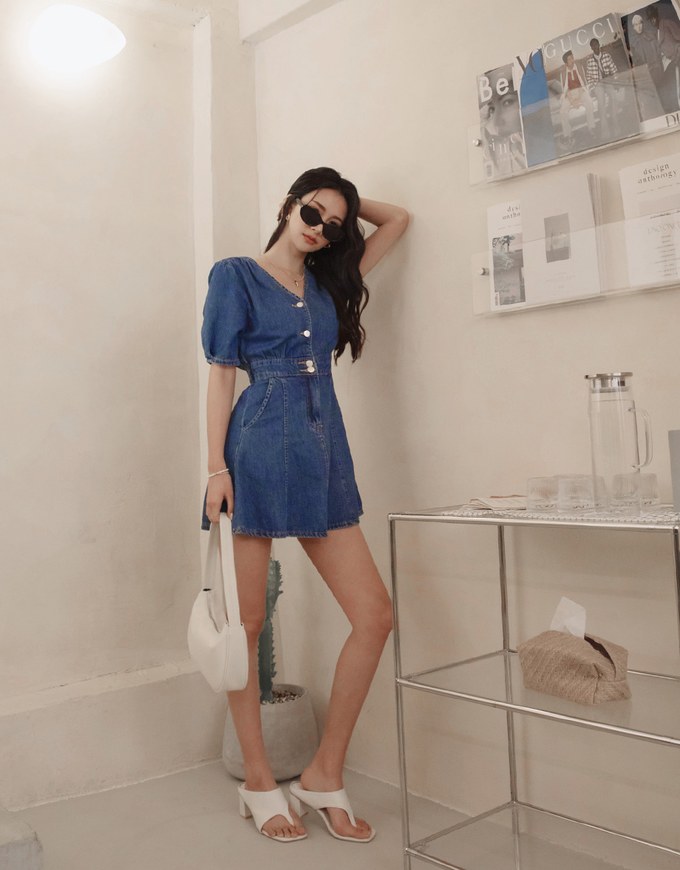【Den!m LITE】Denim Dress Short Sleeves High Waisted Jeans Mini Dress