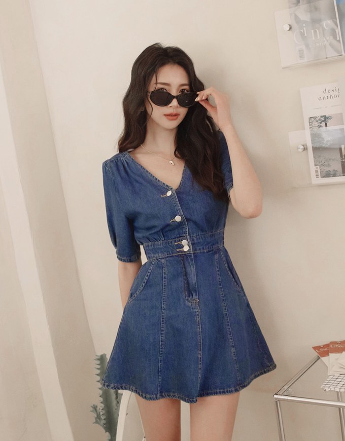 【Den!m LITE】Denim Dress Short Sleeves High Waisted Jeans Mini Dress